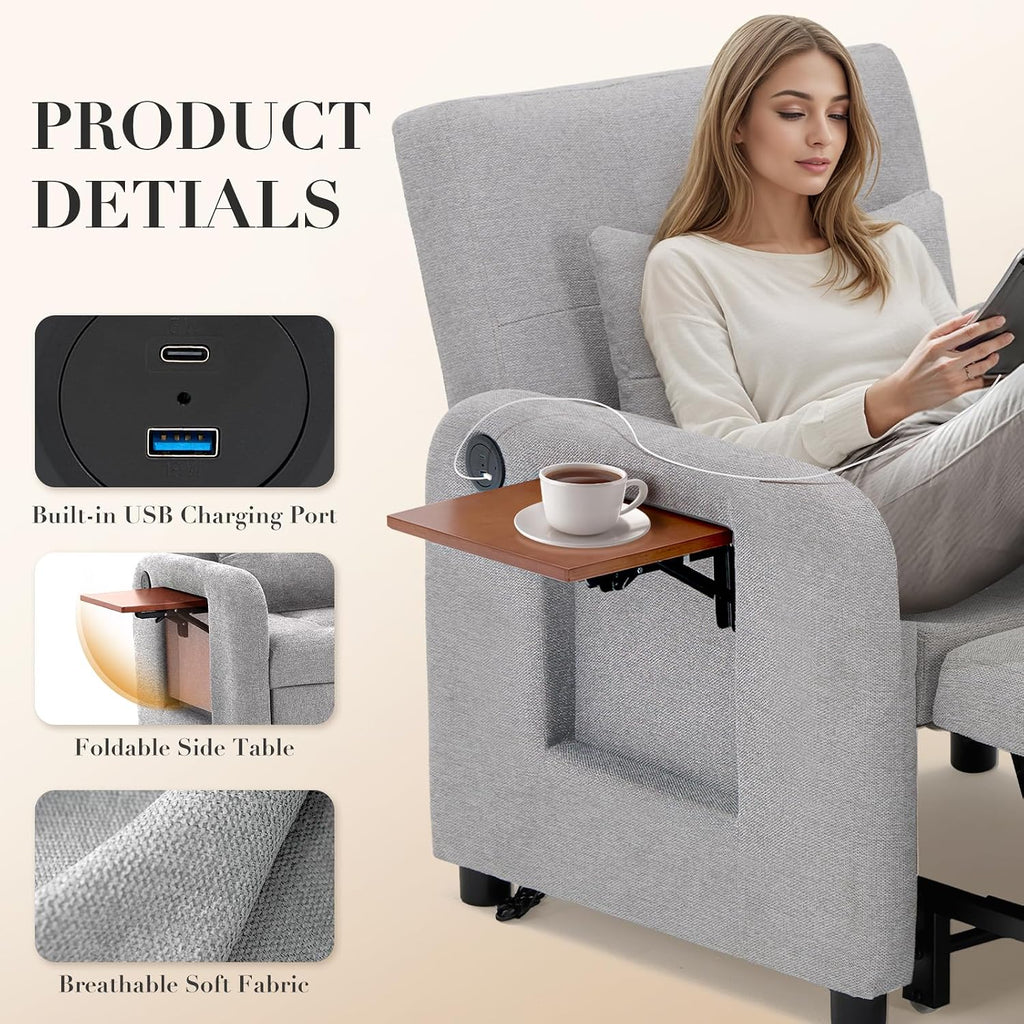 COLAMY Convertible Sleeper Chair-Fabric Futon Sofa Bed, Single Sleeper Sofa, Small Couch Bed with USB Port, Foldable Table, Pillow, Adjustable Backrest for Dorm/Bedroom/College Lightgrey