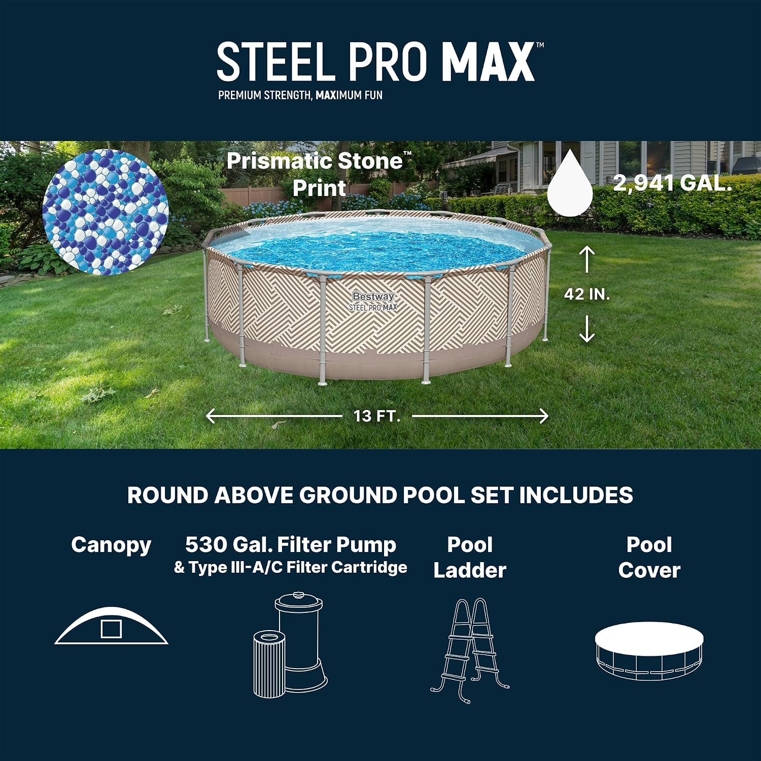 Bestway Steel Pro MAX 13' x 42' Above Ground Pool, Round Metal Frame Outdoor Swimming Pool Set with Canopy, Filter Pump, Ladder, and Cover, Taupe