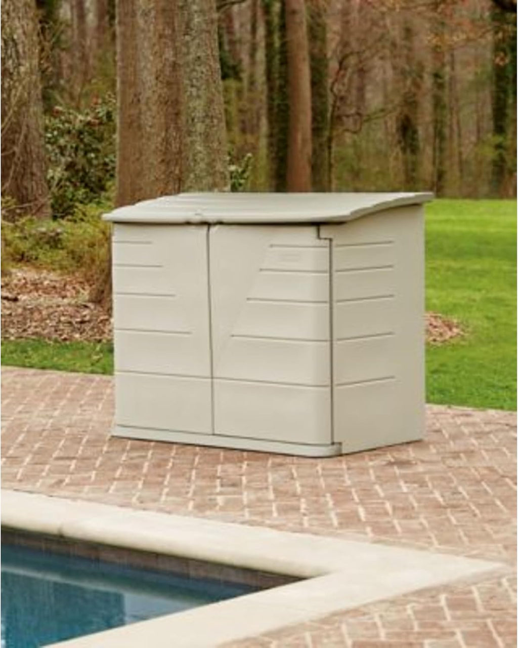 Rubbermaid Large Horizontal Resin Outdoor Storage Shed With Floor (5 x 4 Ft) Weather Resistant, Beige/Brown, Organization for Home/Backyard/Pool Chemicals/Toys/Garden Tools/Porch/Patio Cushions