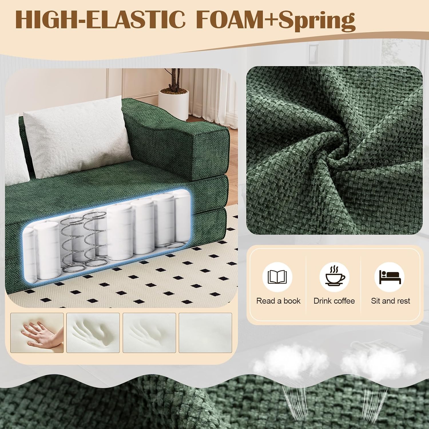 80' Convertible Folding Sofa Bed, 4-in-1 DIY Combination Fold Out Sleeper Sofa Bed King Size, Loveseat sleeper Couch w/ Removable Armrests, Chenille Floor Couch, Small couches for small spaces (Green)