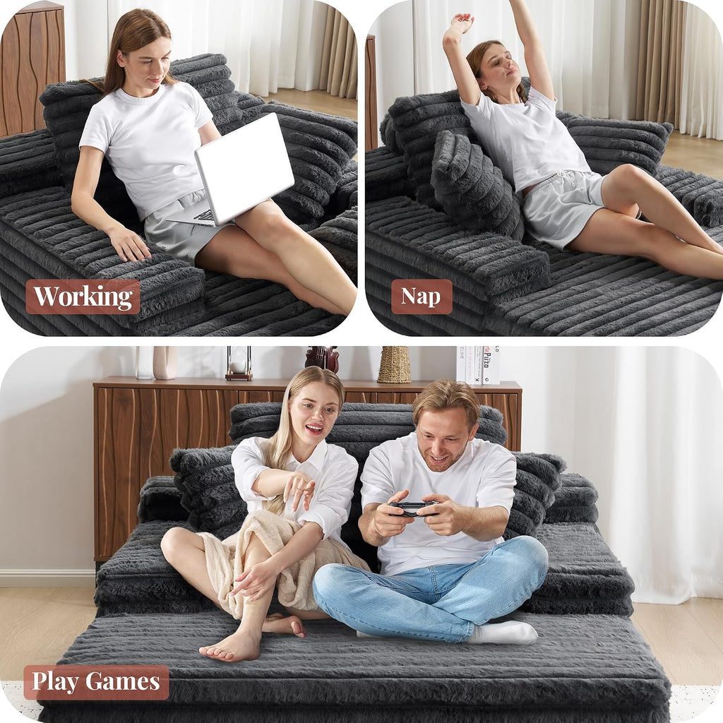VanAcc 67' Chaise Lounge Sofa, Faux Fur Sleeper Chaise with Armrests and Throw Pillows, No-Assembly Couch for Living Room or Apartment, Gray
