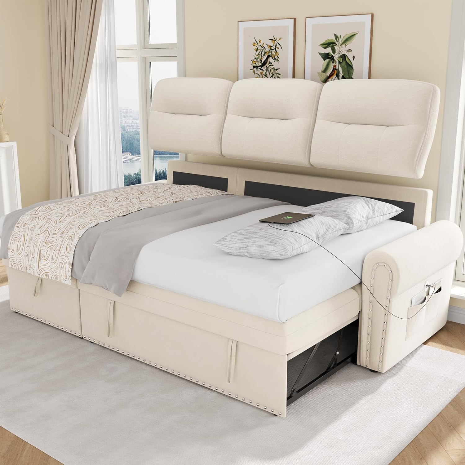 Sleeper Sofa Bed, 83'' Pull Out Couch Bed with Reversible Storage Chaise & Nailhead Armrest, Sectional Couches for Living Room, Side Pocket & Charging Station, Removable Backrest, Velvet Fabric, Beige