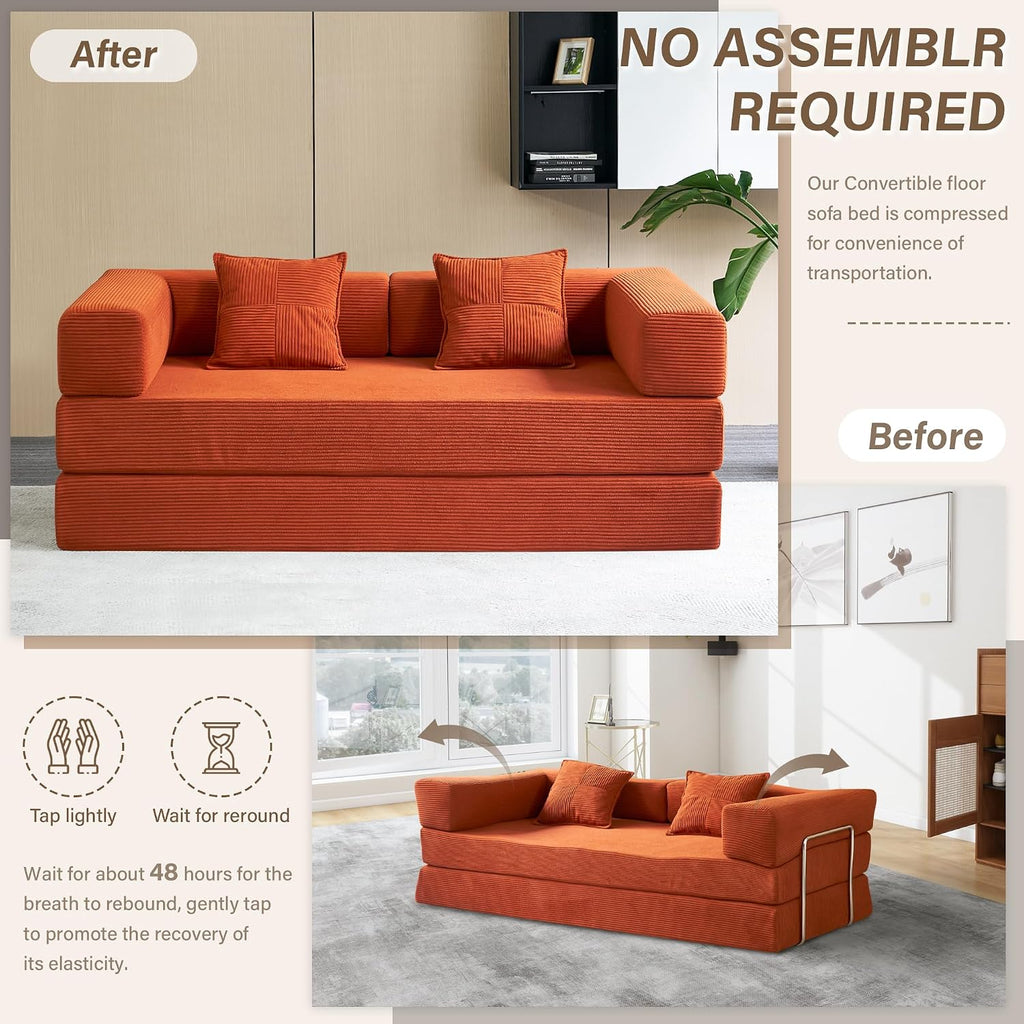 YINIX Foldable Sofa Bed, 78'' Folding Floor Couch, Compressed Convertable Sleeper Sofa, Memory Foam Couch with Pillow Back Support Armrest, 4-in-1 Futon Sofa Bed for Living Room, Orange