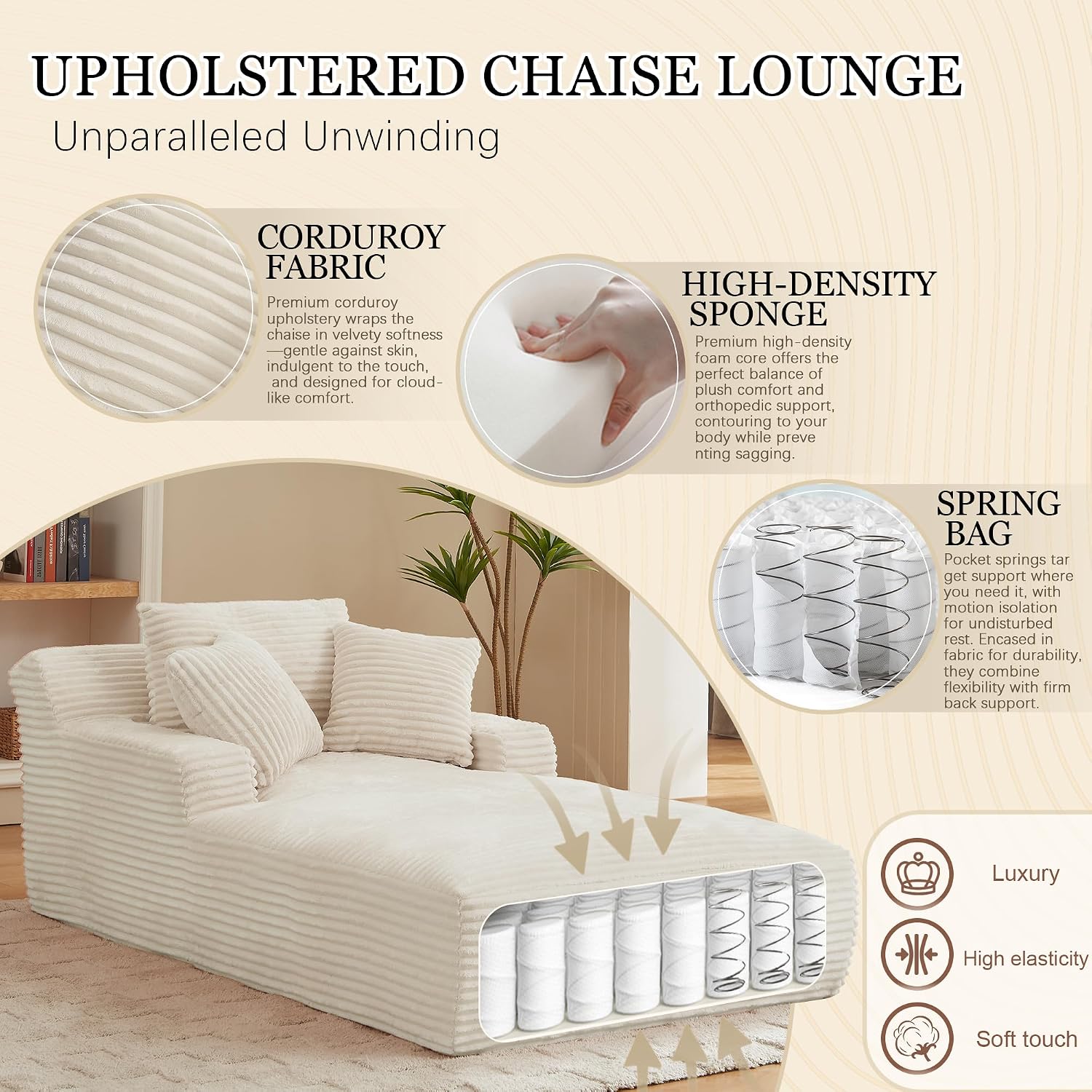 80 Inch Chaise Lounge Chair Indoor, Oversized Corduroy Upholstered Boneless Sofa Bed, Deep Seat Sleeper Couch Reading Chairs, Cloud Sofas Couches for Living Room, No Assembly Required (Beige)