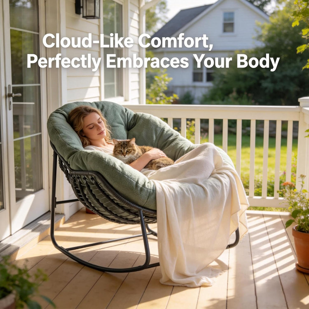 Oversized Outdoor Papasan Rocking Chair with Soft Cushion, Comfy Patio Egg Chair, Wicker Lounge Rocker for Balcony/Porch/Garden, Reinforced All Weather Rattan Frame, 330 lbs Support, Hunter Green