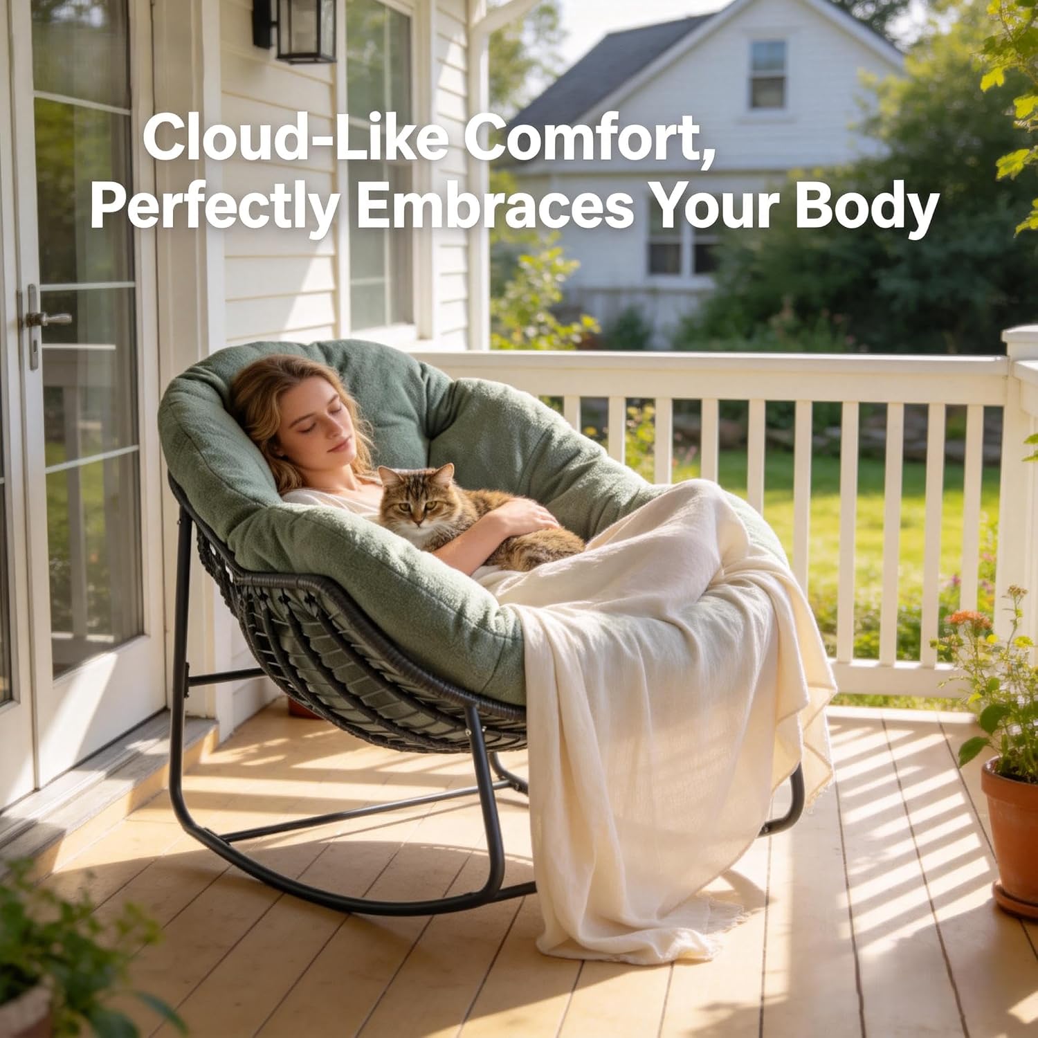 Oversized Outdoor Papasan Rocking Chair with Soft Cushion, Comfy Patio Egg Chair, Wicker Lounge Rocker for Balcony/Porch/Garden, Reinforced All Weather Rattan Frame, 330 lbs Support, Hunter Green