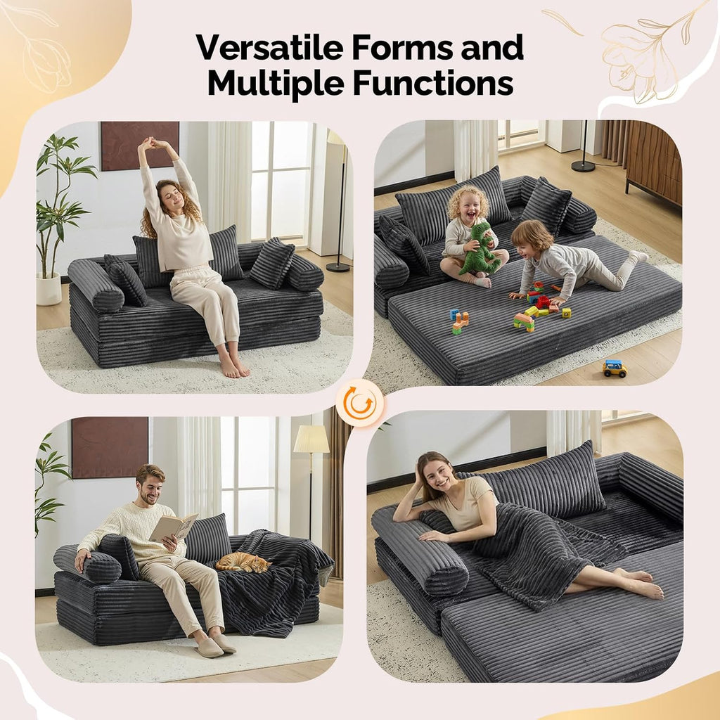 VINGLI Convertible Futon Sofa Bed, Upholstered Corduroy Boneless Couch King Size Floor Loveseat Sleeper Sofa with 2-in-1 Throw Pillow & Blanket Couches for Living Room, Bedroom, Lounge, Dark Gray