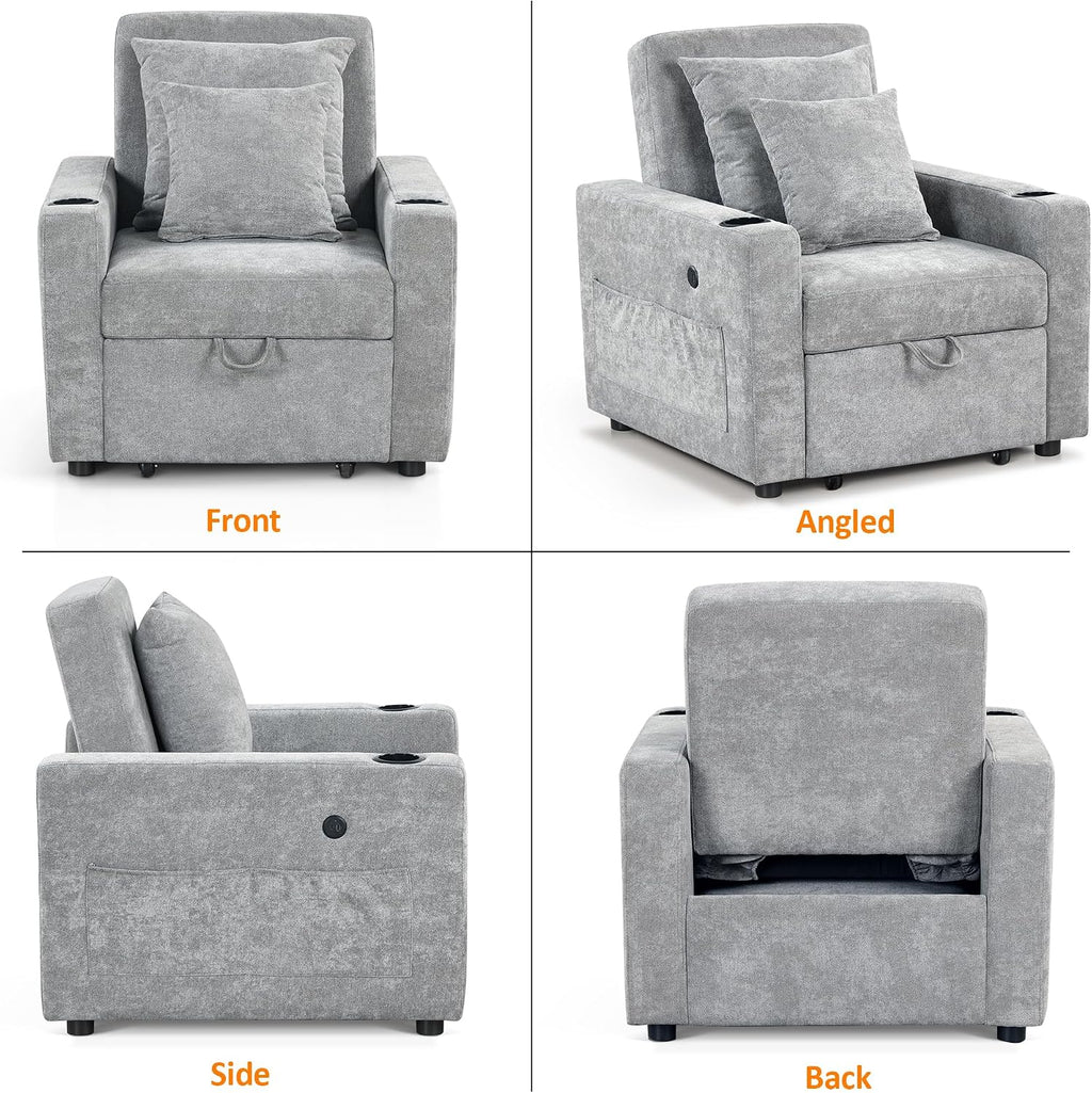 MCombo Convertible Sleeper Chair Bed, 3-in-1 Folding Sofa Chair with Adjustable Backrest, Pull-Out Bed with USB Port, Cup Holders, Linen Fabric, for Small Spaces Living Room Guest Room Office VN6001