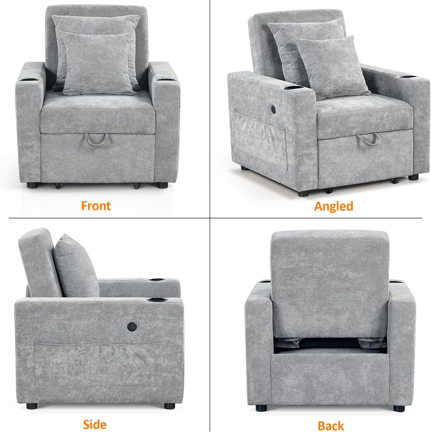 MCombo Convertible Sleeper Chair Bed, 3-in-1 Folding Sofa Chair with Adjustable Backrest, Pull-Out Bed with USB Port, Cup Holders, Linen Fabric, for Small Spaces Living Room Guest Room Office VN6001