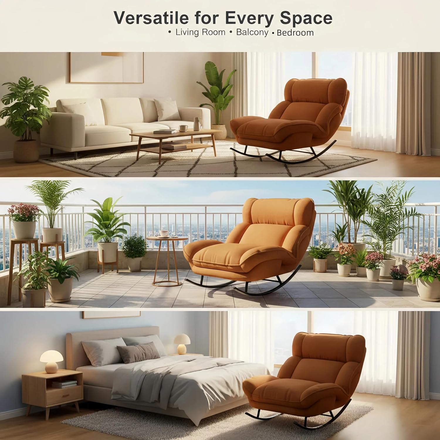 Sofa Rocking Chair Metal Frame with Adjustable Backrest Comfortable Decorative Chair Modern Ergonomic Sofa for Living Room Bedroom (Orange)