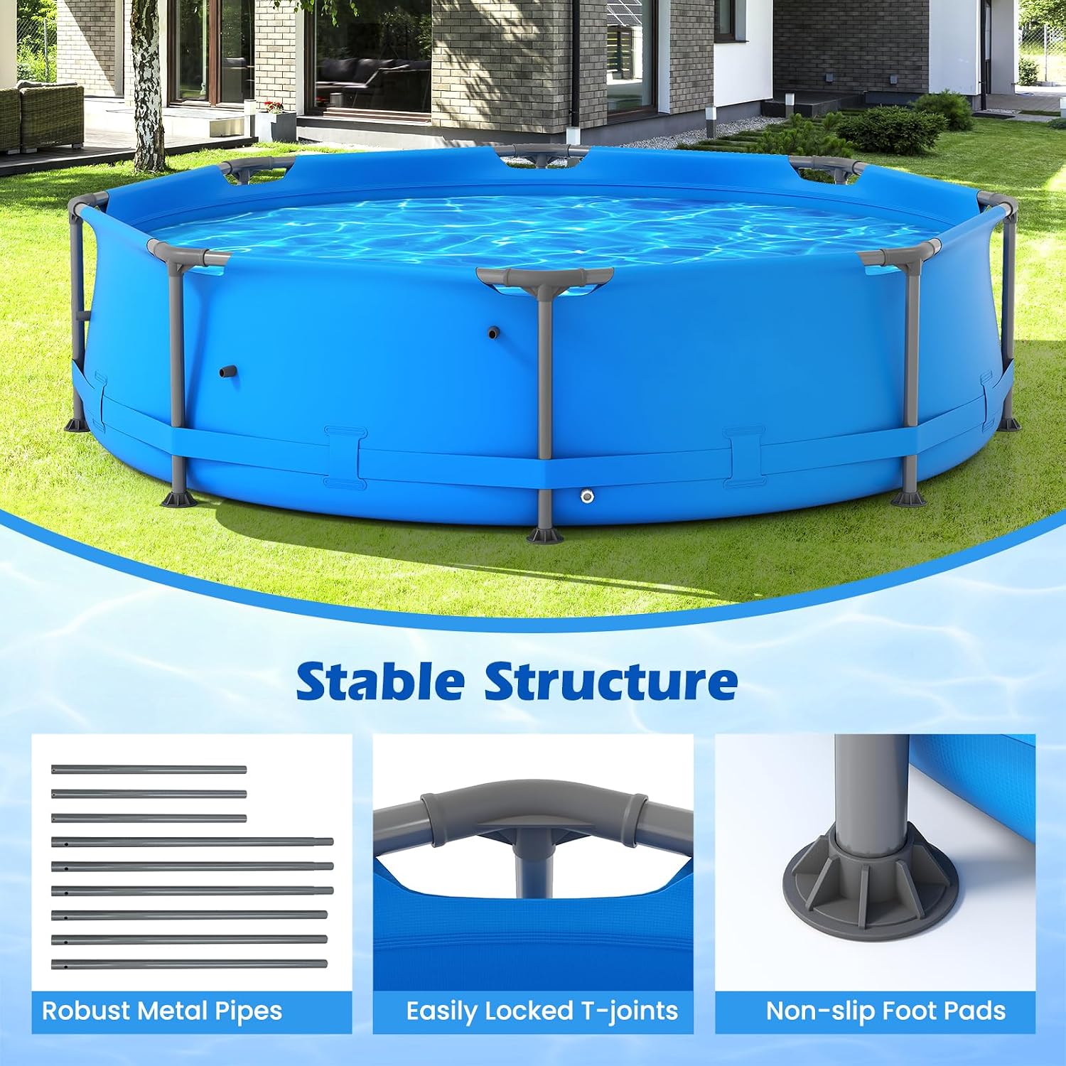GYMAX 10ft x 30in Metal Frame Above Ground Swimming Pool, Outdoor Backyard Famliy Pool Set with Puncture-Resistant Fabric, Drainage Valve Connector for Kids & Adults (10' x 30', Round, Blue)