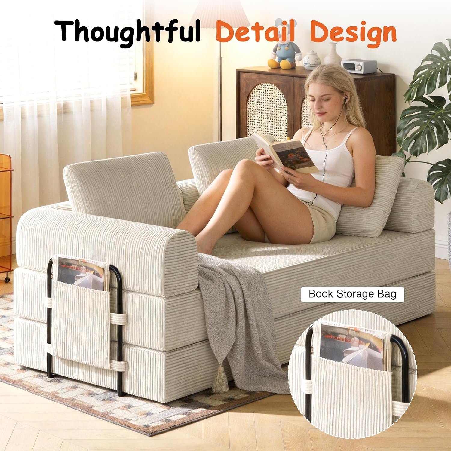 78' Convertible Sofa Bed, 5-in-1 Boneless Sleeper Sofa with with Fixed Frame & Pocket, Corduroy Pull Out Couch with 2 Pillows, Couch Bed for Living Room, Small Spaces, Bedroom, No Assembly