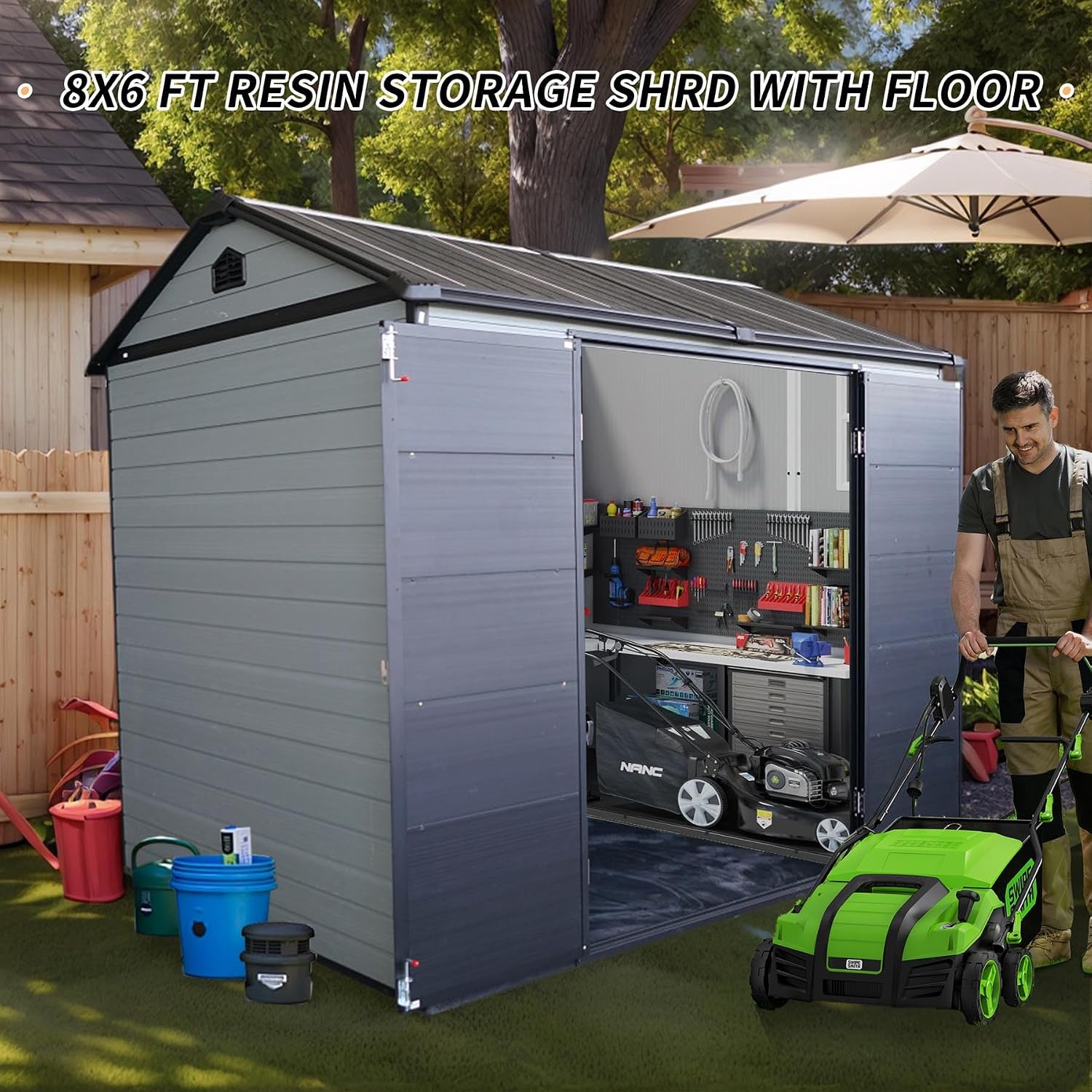 8x6FT Resin Outdoor Storage Shed with 2 Windows, Outdoor Storage Shed with Floor Lockable Door for Garden Tools, Bicycles, Trash Cans, Gray+Black (8x6 FT Steel)