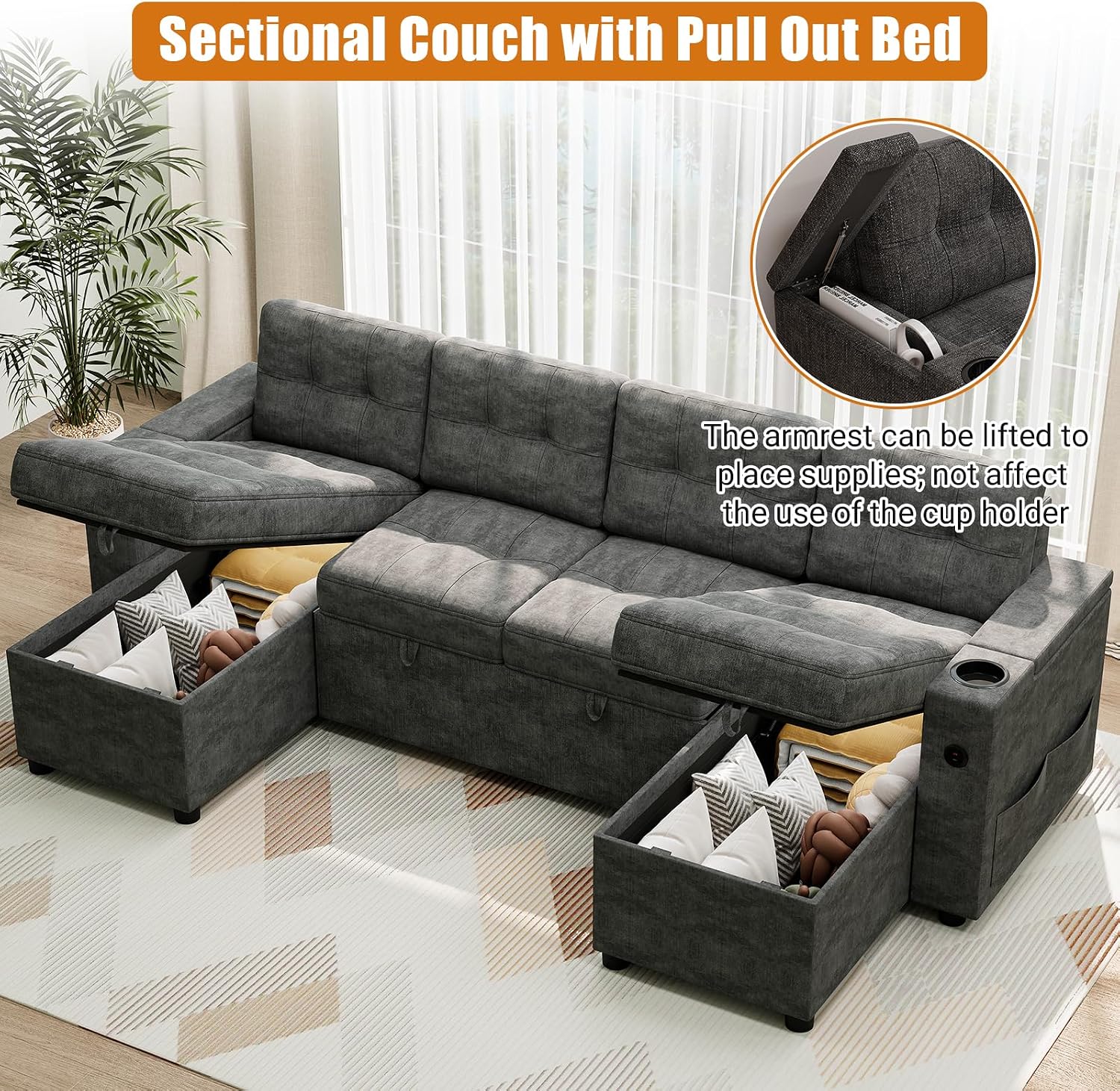 IDEALHOUSE U-Shaped Couches for Living Room, Sofa Bed for Living Room with Reversible Storage Chaises and Hidden Storage Armrests, Cup Holders and USB Charging Ports Included, Dark Grey