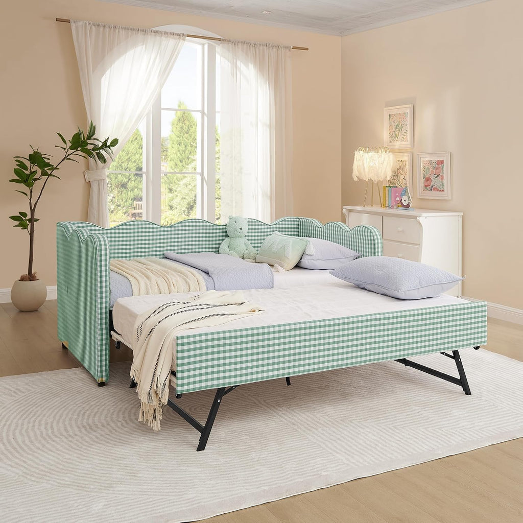 KEIKI Twin Size Upholstery Daybed with Trundle and USB, Twin to King Design Adorable Wave Shaped Extendable Linen Sofa Bed, Easy Assembly, No Box Spring Required, for Living Room and Bedroom, Cyan