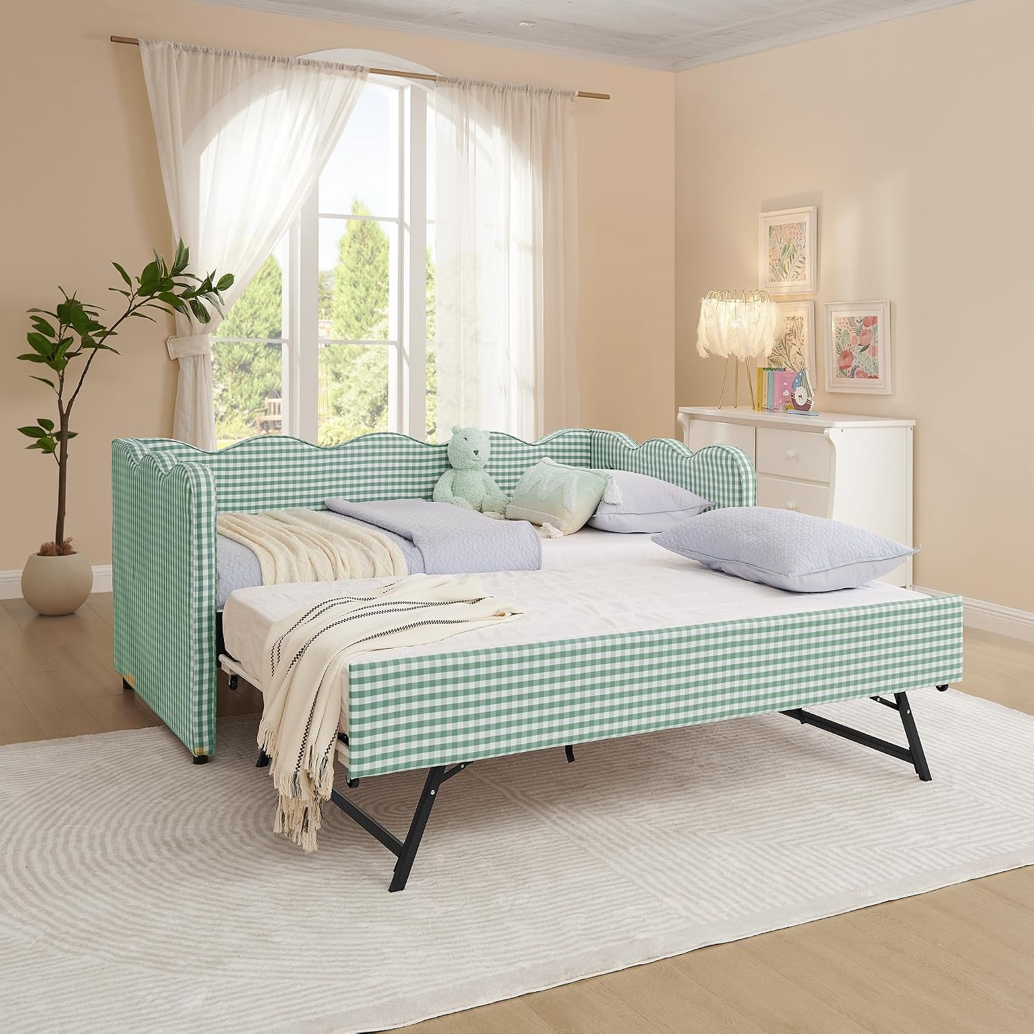 KEIKI Twin Size Upholstery Daybed with Trundle and USB, Twin to King Design Adorable Wave Shaped Extendable Linen Sofa Bed, Easy Assembly, No Box Spring Required, for Living Room and Bedroom, Cyan