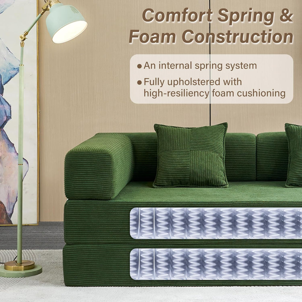 Compression Sofa - 78''Convertible Floor Sofa Bed - with Pillow Back Support Armrest - Comfy Foldable Sofa Bed Compressed Sofa in Box - Corduroy Fabric - for Living Room Bedroom (Green)