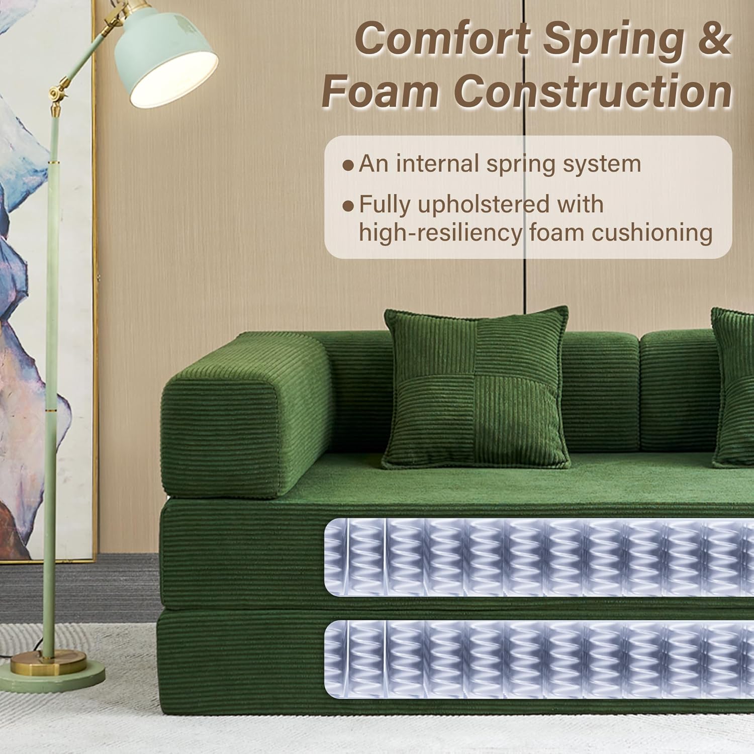Compression Sofa - 78''Convertible Floor Sofa Bed - with Pillow Back Support Armrest - Comfy Foldable Sofa Bed Compressed Sofa in Box - Corduroy Fabric - for Living Room Bedroom (Green)