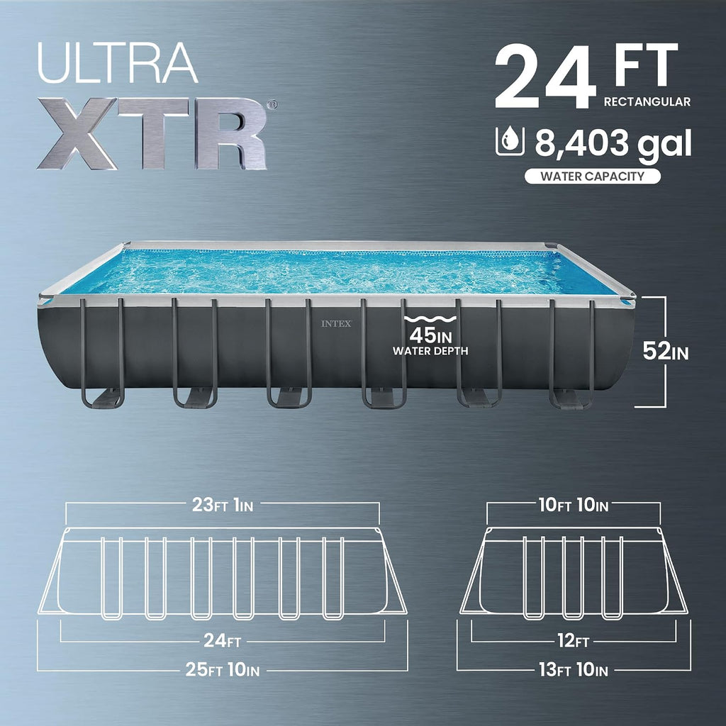 INTEX Ultra XTR 24 ft x 12 ft 52 in Above Ground Pool Set, Rectangular Swimming Pool with Steel Frame, 2100 GPH Sand Filter Pump, Ladder, Cover, & Ground Cloth