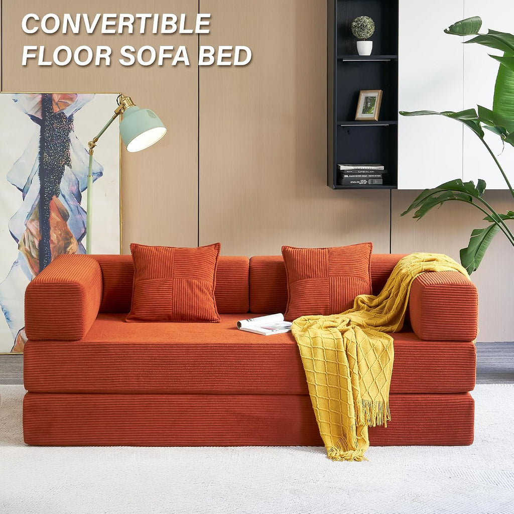 YINIX Foldable Sofa Bed, 78'' Folding Floor Couch, Compressed Convertable Sleeper Sofa, Memory Foam Couch with Pillow Back Support Armrest, 4-in-1 Futon Sofa Bed for Living Room, Orange