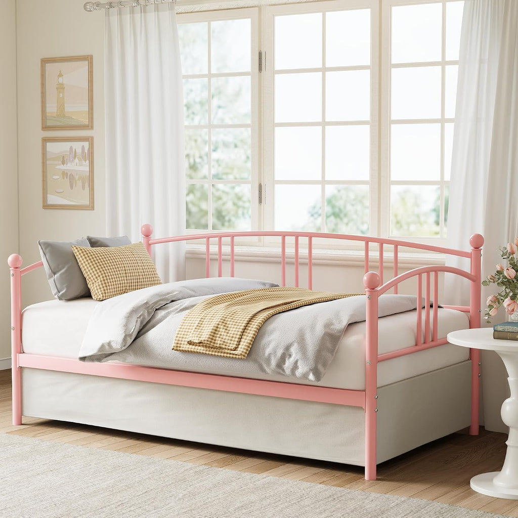 IDEALHOUSE Twin Daybed Without Trundle, Metal Twin Size Daybed, Steel Slat Support Sofa Bed for Living Room, Bedroom, Guest Room (Pink-Without Trundle)