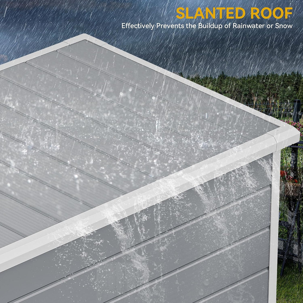DWVO Outdoor Storage Shed, All-Weather Resin Plastic Storage Shed with Windows, Slanted Roof, Raised Floor, Capacity for Garden Tools & Equipment, Ideal for Backyard & Garden
