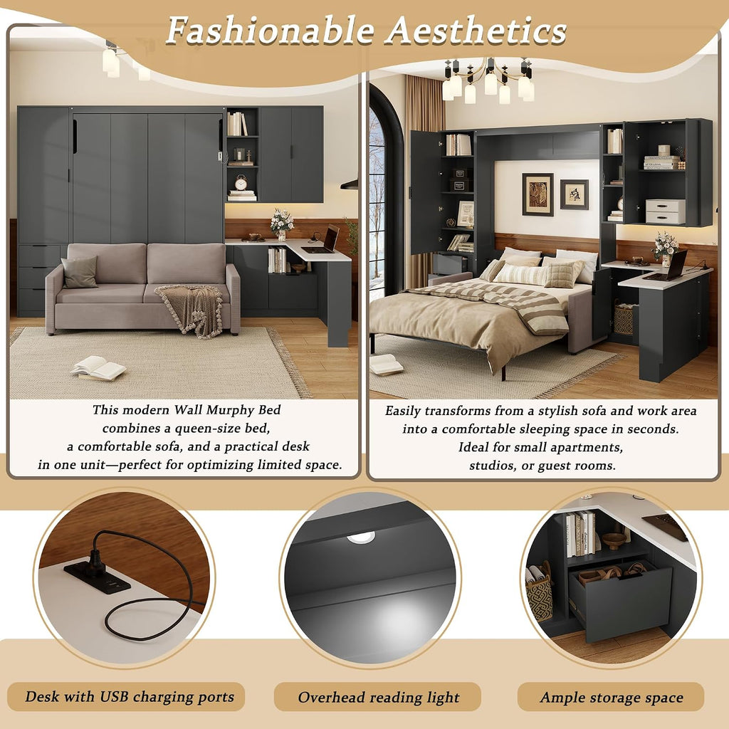 Merax Farmhouse Multi-Functional Murphy Bed with Sofa, Desk & Storage Cabinet,Solid Wood Foldable Wall Bed with/w/USB Charging Station Space Saving/No Box Spring Needed/Queen, Gray +Beige