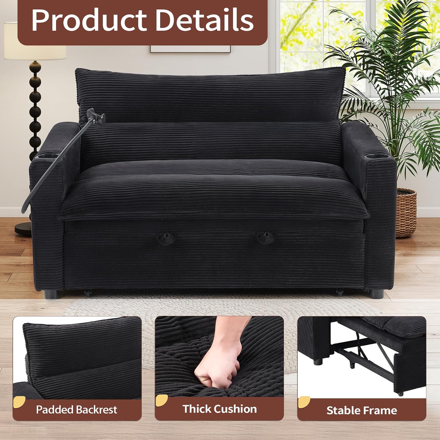 HAOMARKETS 3-in-1 Convertible Loveseat Sleeper Sofa Bed, 2-Seat Pull Out Couch with Cup Holders, Phone Holder and USB Ports, Corduroy 3-Level Adjustable Backrest Couches for Living Room, Black
