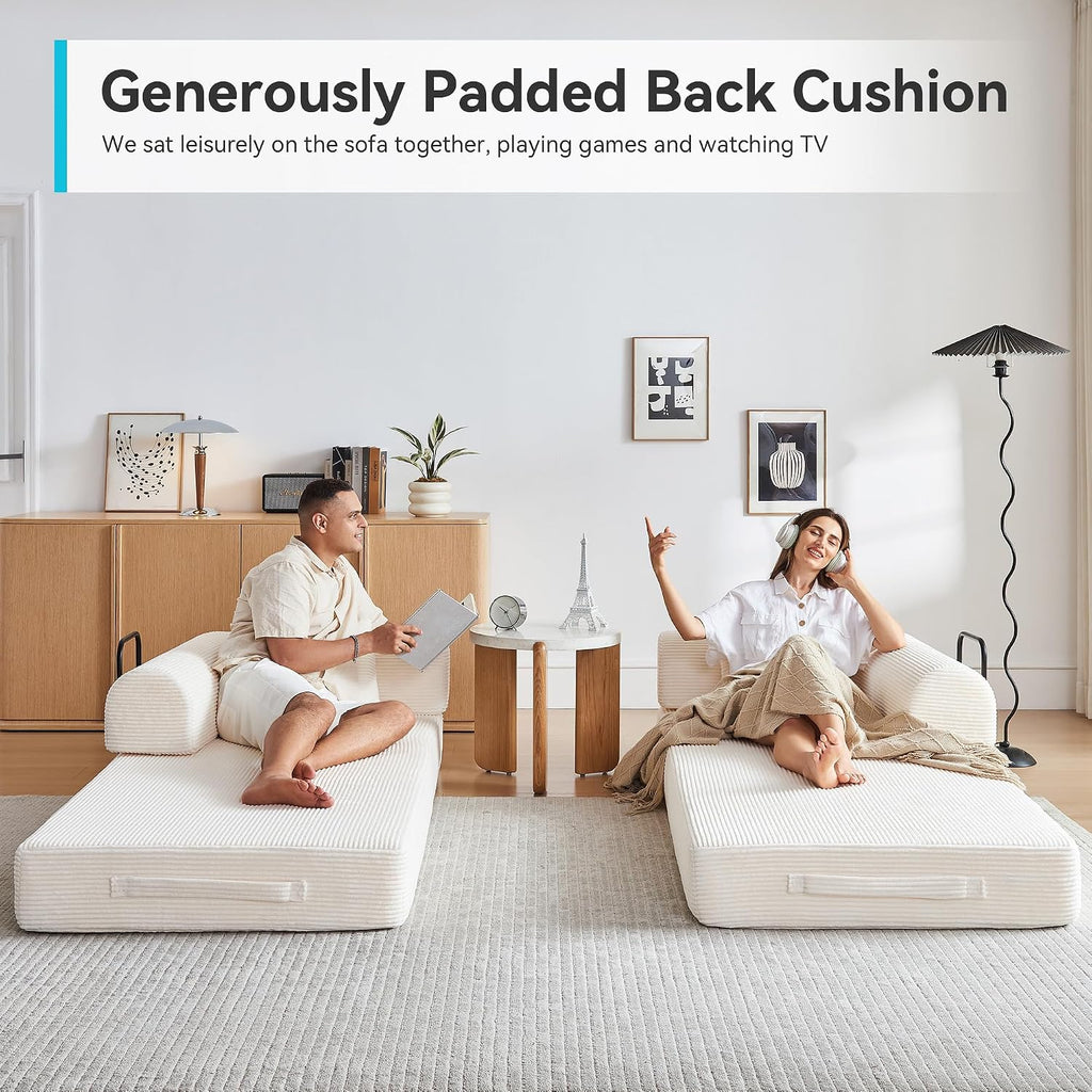 Convertible Folding Couch, 5-in-1 Futon Sofa with Armrests, Convertible Sleeper Sofa Bed Comfy Fold Out Bed for Living Room, Bedroom,Guest, Office, No Assembly Sofa for Small Spaces(Beige White)