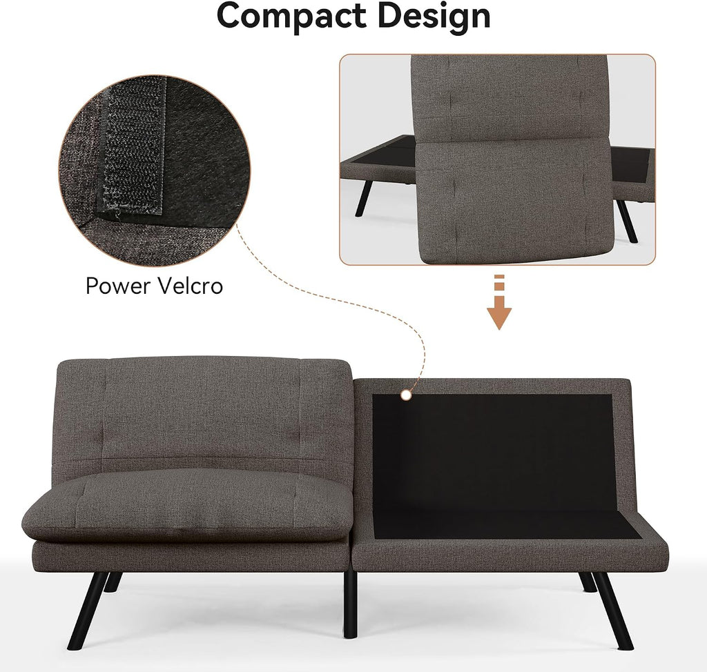 Futon Sofa Bed Convertible Couch, Grey Linen Sofa Bed with Adjustable Backrest, Multifunctional Small Loveseat Sleeper Sofa for Living Room, Apartment, Office