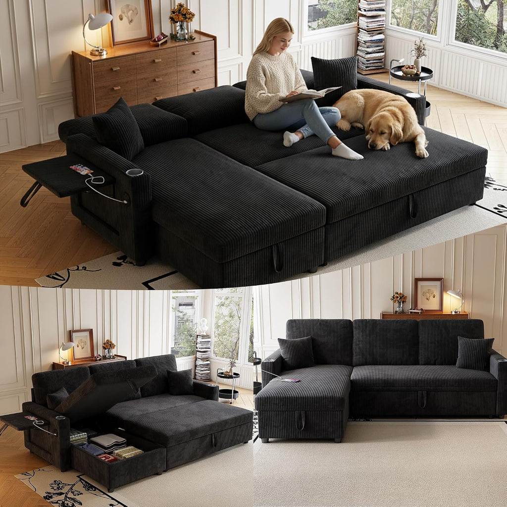 Sleeper Sectional Sofa, 83' Convertible Sofa Bed with Pull Out Couches, Small Desktop, L Shaped Couch with Reversible Chaise, Cup Holders, USB, Modern Corduroy Sofas for Living Room Apartment, Black