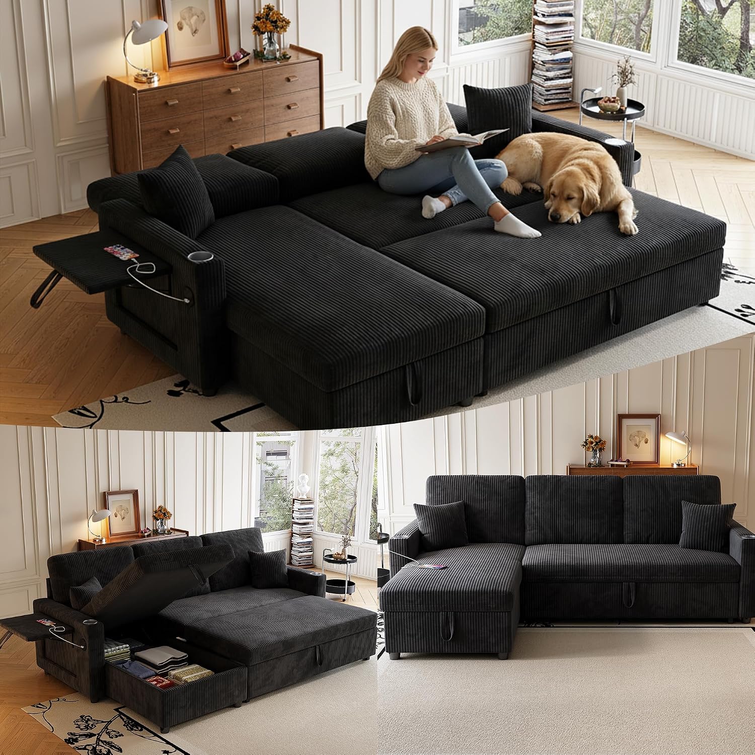Sleeper Sectional Sofa, 83' Convertible Sofa Bed with Pull Out Couches, Small Desktop, L Shaped Couch with Reversible Chaise, Cup Holders, USB, Modern Corduroy Sofas for Living Room Apartment, Black