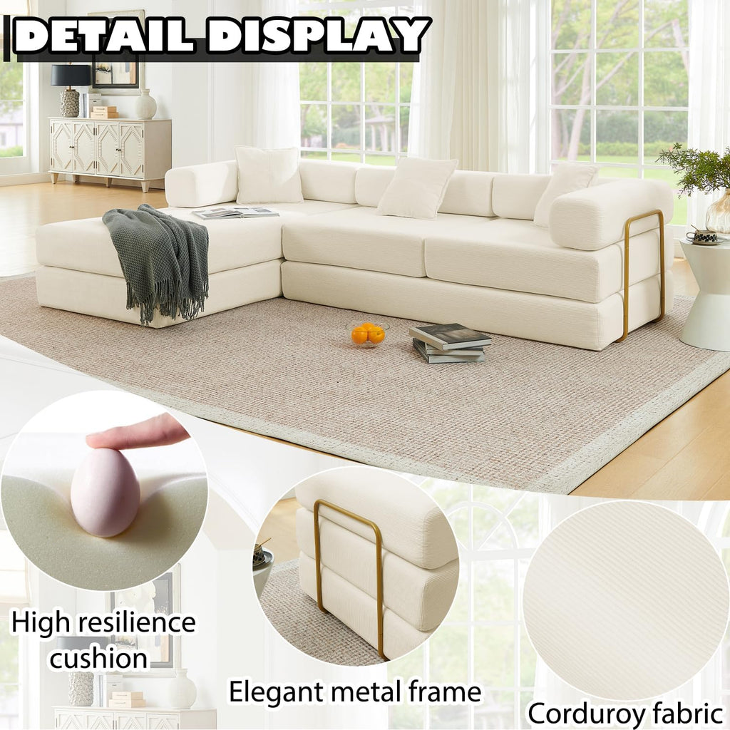 HANXIN 108' Modular Sectional Sofa, Futon Convertible Sofa Bed,Oversized Corduroy Boneless Couch for Living Room,Floor Loveseat Sleeper with Pull Out Bed,Free Combination,No Assembly Required (Beige)