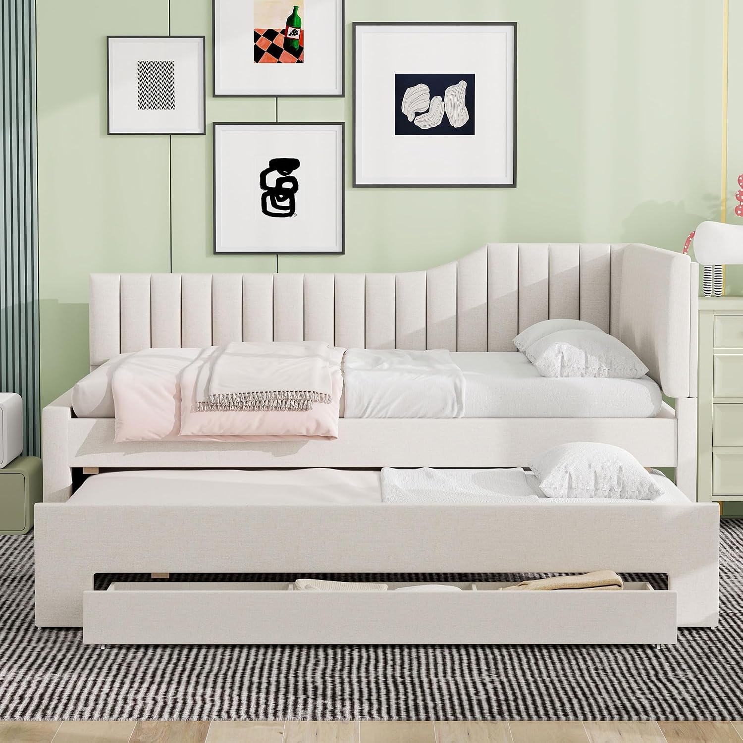 Merax Full Size Upholstered Wood Daybed Extendable Sofa Bed with Trundle and Three Storage Drawers for Living Room Guest Room, Beige