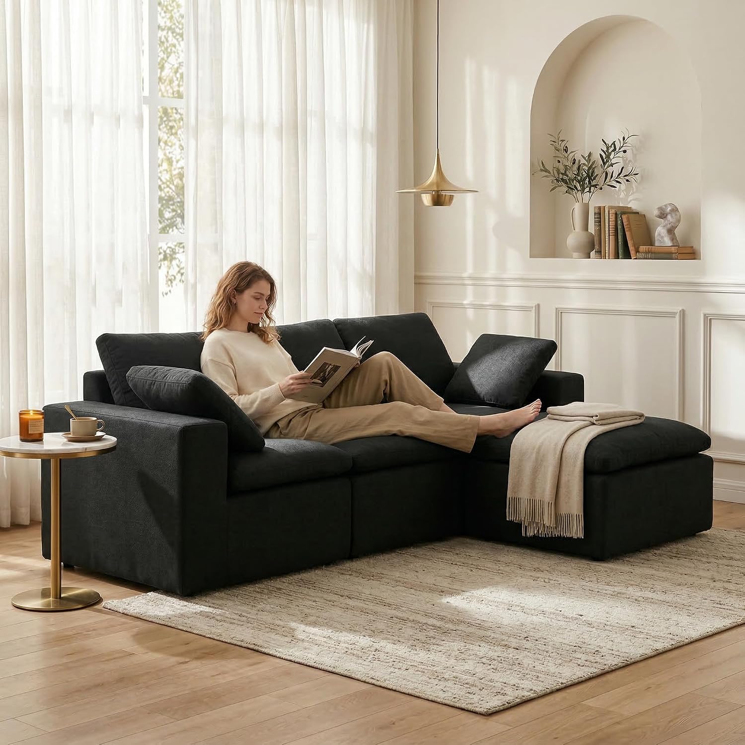 106' Boneless Cloud Couch, L Shaped Modular Sectional Couch, Memory Foam Living Room Sofa in a Box, Chenille Fabric No Assembly Required, Modern Luxury Oversized Plush Double-Layer Cushion
