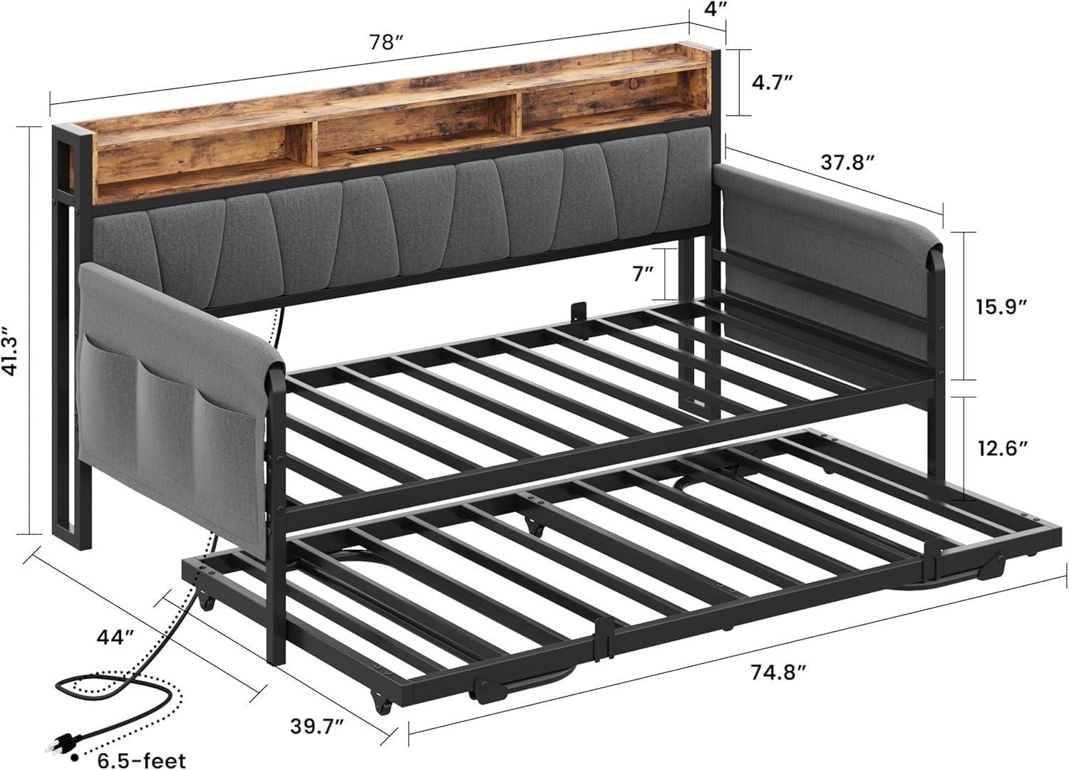LIKIMIO Daybed with Trundle Bed, Twin Bed Frame with Upholstered Storage Headboard and Charging Station, Sofa Day Bed with Strong Supports for Living Room, Bedroom, and Guest Room, Black