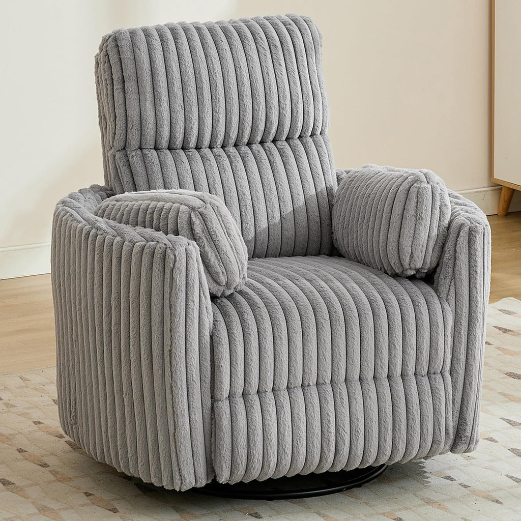 Power Nursery Rocking Chair Swivel Glider Reclining Chairs with 2 Pillows, Nursery Glider Rocking Recliner with Type-C & USB Charger Port, Corduroy Upholstery Armchair for Living Room/ Light Grey