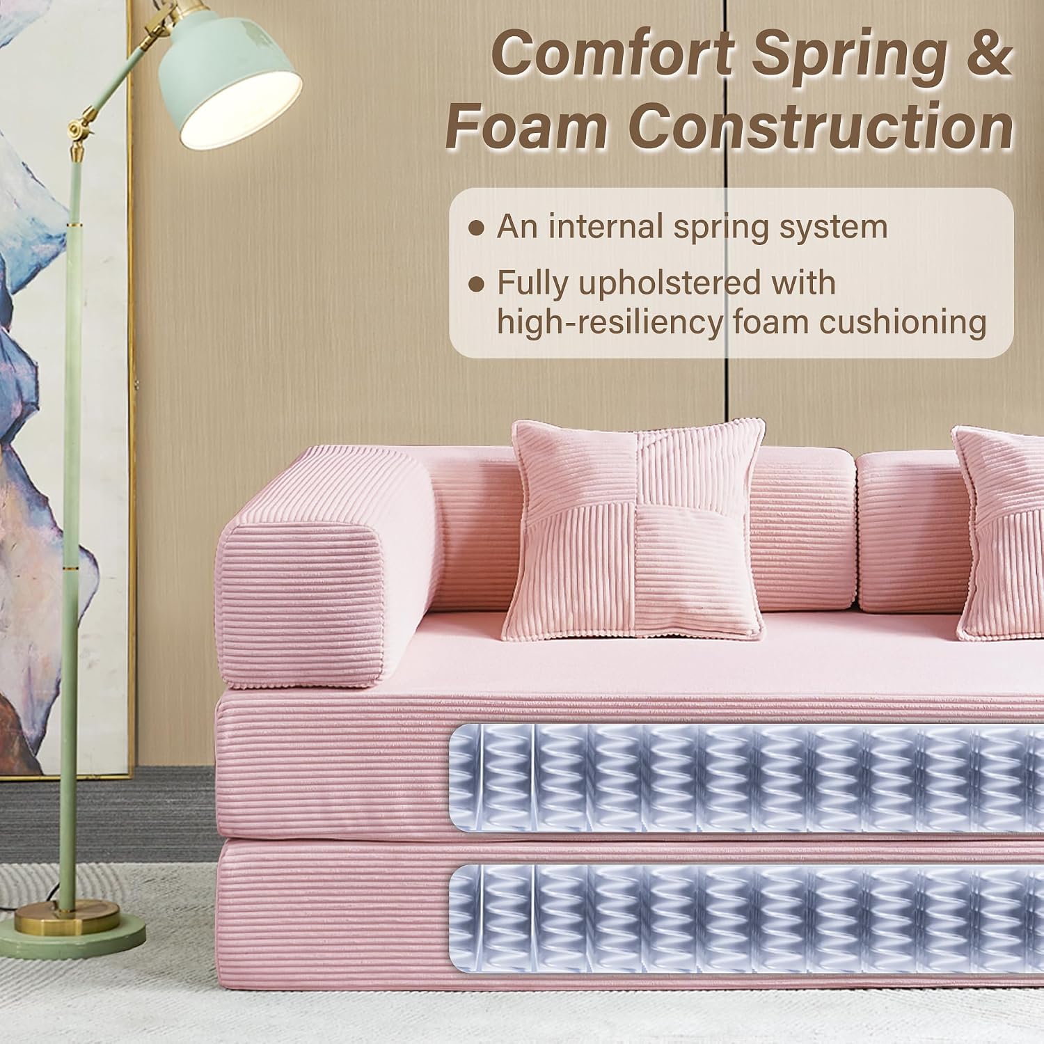 Compression Sofa - 78''Convertible Floor Sofa Bed - with Pillow Back Support Armrest - Comfy Foldable Sofa Bed Compressed Sofa in Box - Corduroy Fabric - for Living Room Bedroom (Pink)