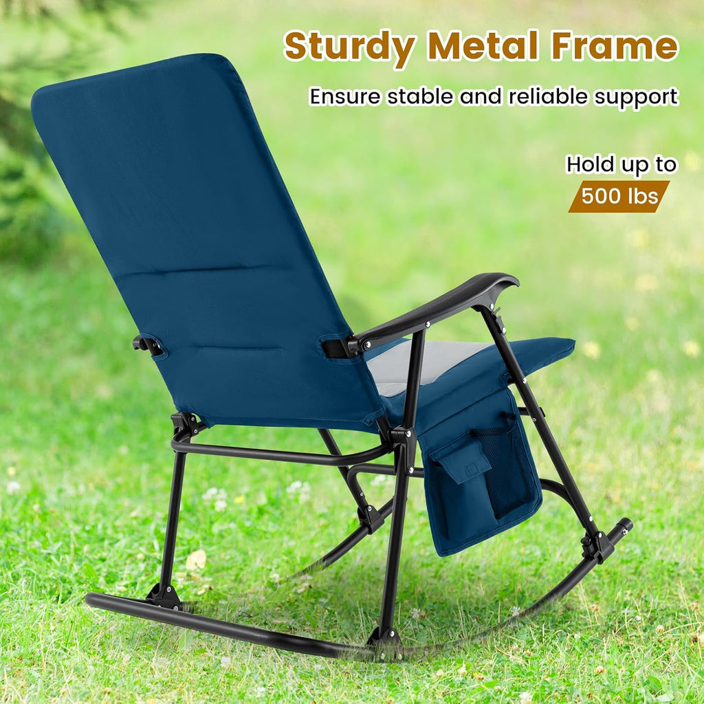 Tangkula Folding Rocking Chair, Foldable Camping Rocking Chair with Padded Seat High Back & Armrest, Support 350 lbs, Portable for Indoor Outdoor Patio Lawn Backyard (1, Blue)