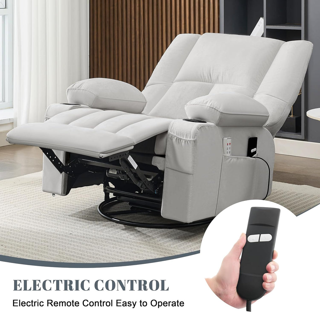 Rocker Recliner Chair with Heat and Massage, 360° Swivel Recliner Chairs for Adults, Oversized Recliner Single Sofa Seat with Cup Holders, Lazy Boy Recliner Single Sofa (Electric, Grey)