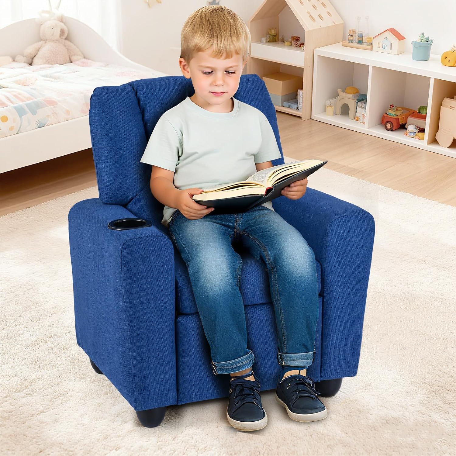Costzon Kids Recliner Chair with Cup Holder, Toddler Adjustable Lounge Chair w/Footrest for Boys Girls Room, Ergonomic Baby Child Furniture Sofa for Age 3+ Gifts, Kids Mini Recliner up to 150 lbs