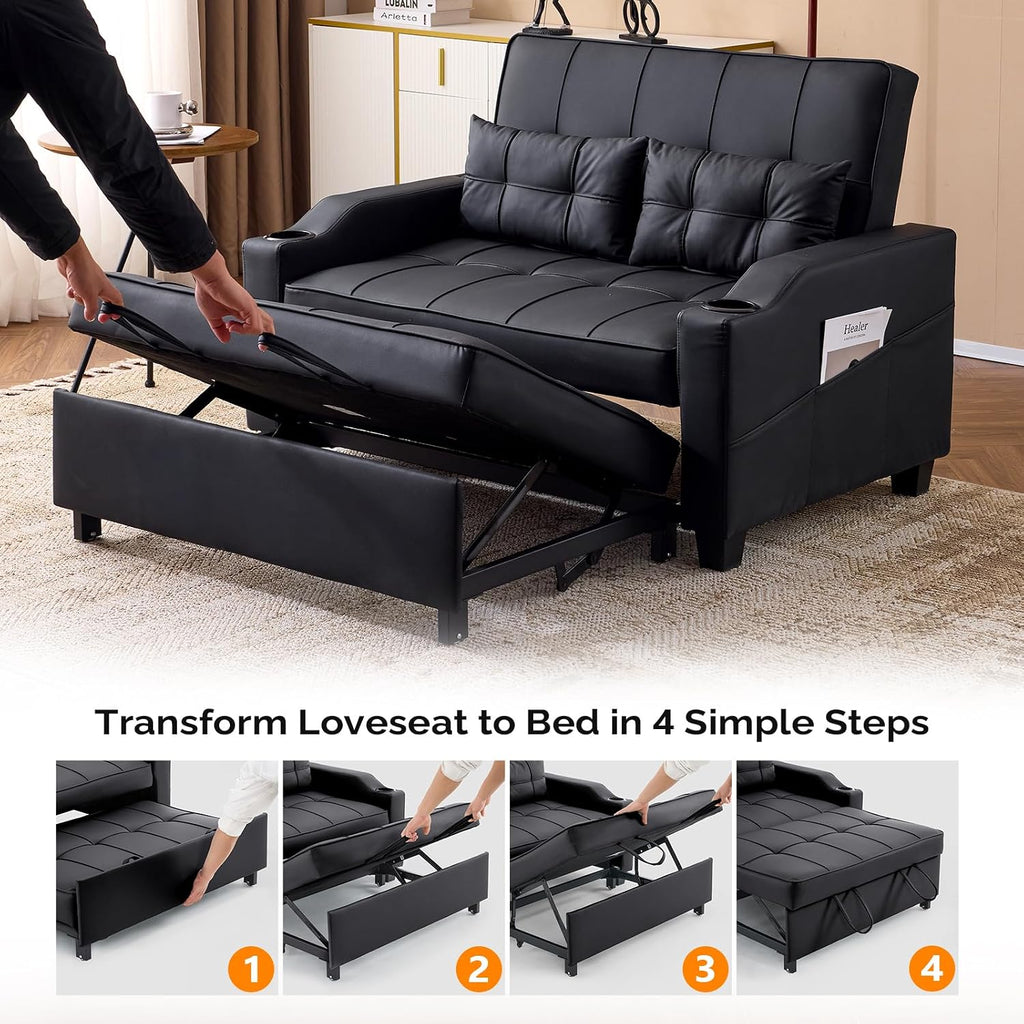 VINGLI Convertible Loveseat Sleeper Sofa, Black Faux Leather Futon Sofa Bed Pullout Couch Bed with USB Ports, Cup Holders, Armrest for Living Room, Bedroom, Home Office Apartment