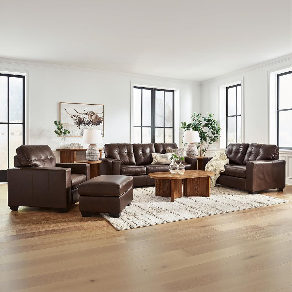 Signature Design by Ashley Santorine Classic Leather Match Tufted Sofa Sleeper with Bi-Fold Memory Foam Mattress, Queen, Dark Brown