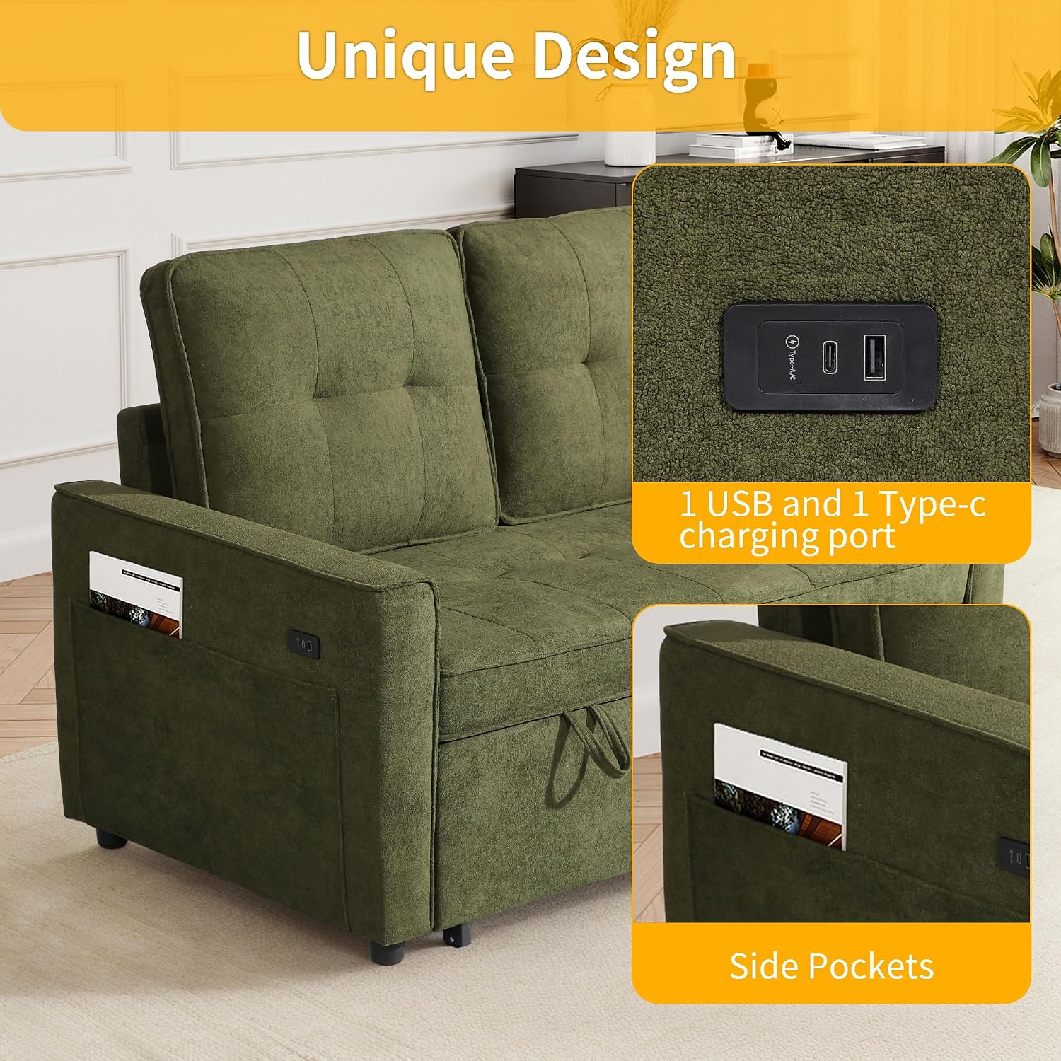 EJUNQ Pull Out Couch, Convertible Sofa Bed with USB and Reclining Backrest, Modern 3 in 1 Sleeper Sofa Couch Bed with Side Pockets, Comfortable Loveseat Sleeper for Small Spaces.(Green)