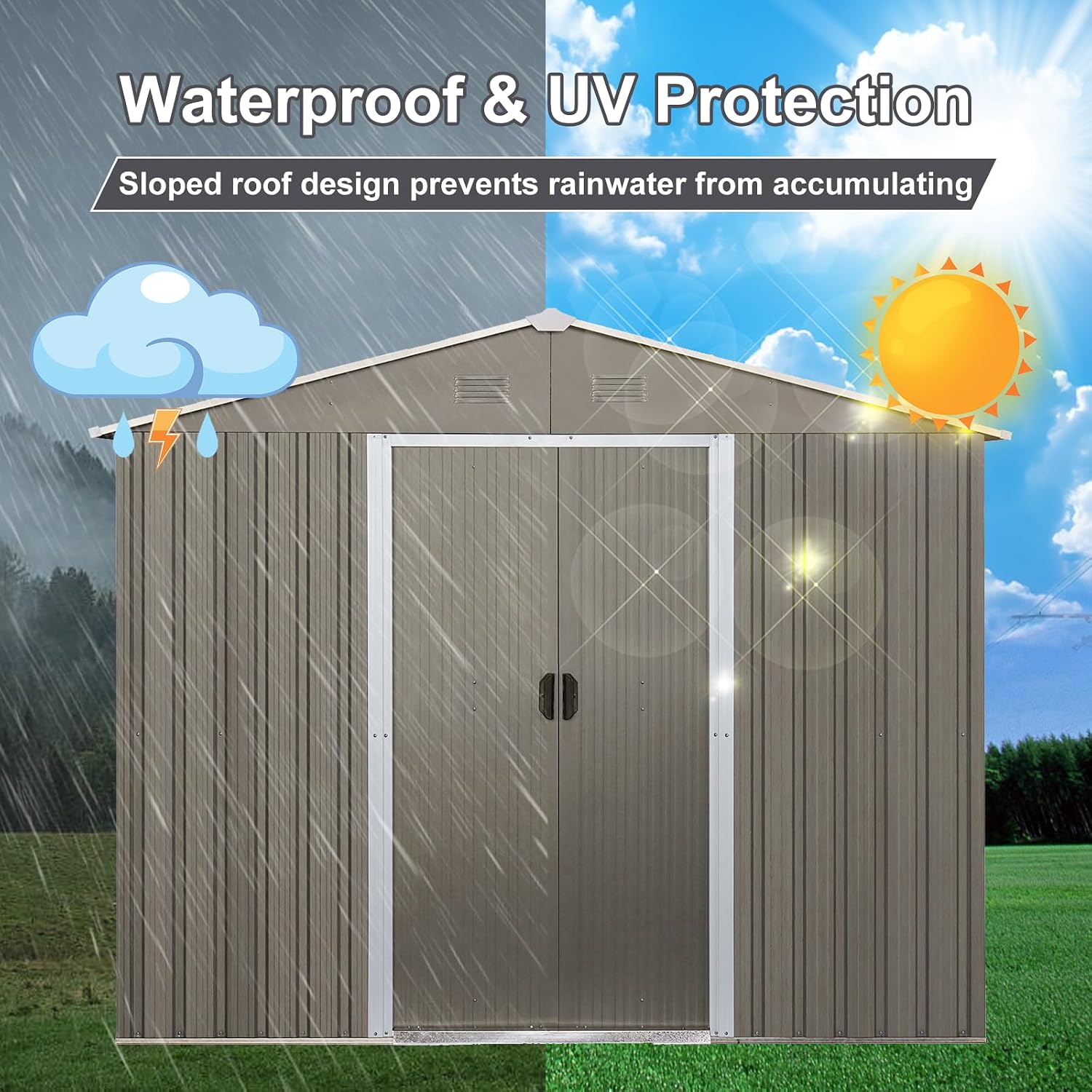 Ball & Cast 8x10 FT Outdoor Storage Shed,Metal Waterproof Garden Shed with Sliding Doors and Padlock,All Weather Heavy-Duty Tool Shed W/Vents, Foldable House for Garden Backyard,Lawn,Gray