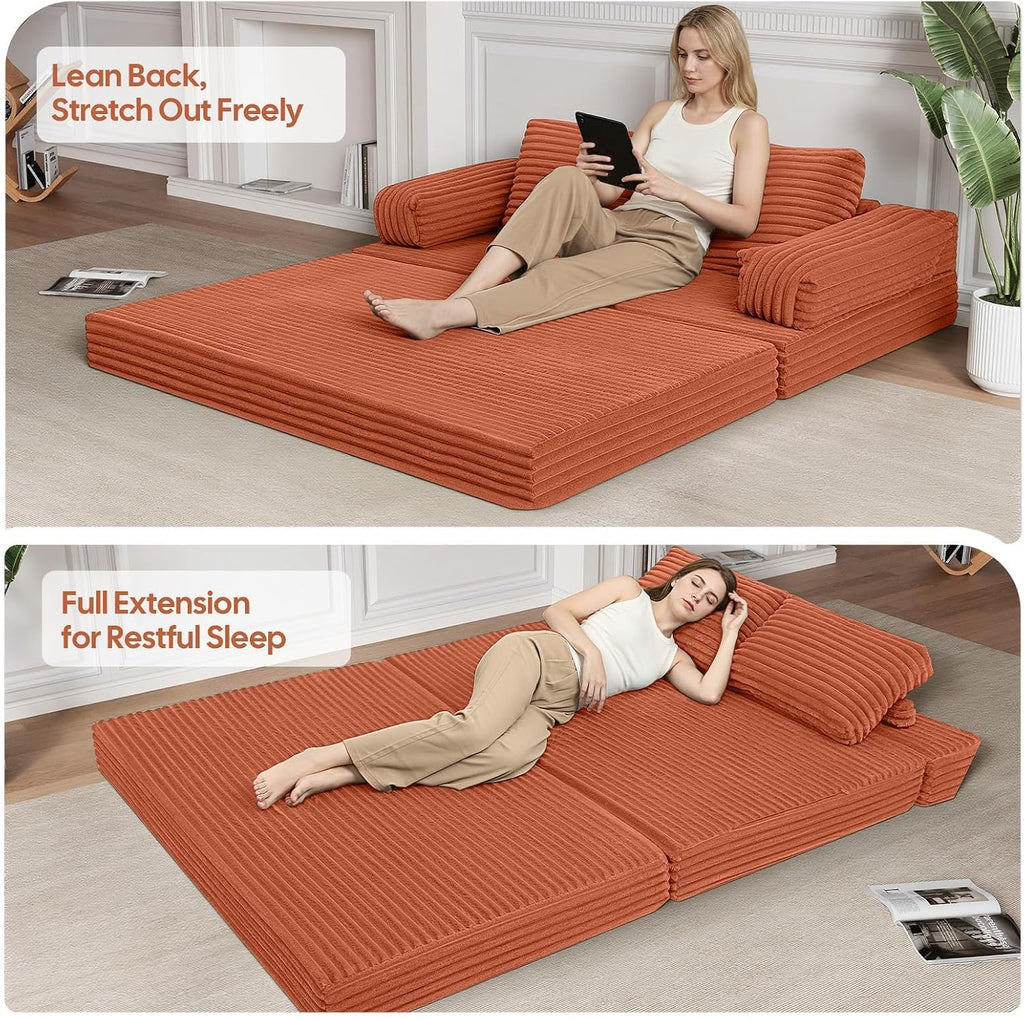 MeMoreCool Convertible Sofa Bed, Folding Floor Couch Bed Queen, Pull Out Sleeper Couch with Pillows, Fold Out Futon Sofa for Bedroom Living Room Small Space, Corduroy Orange