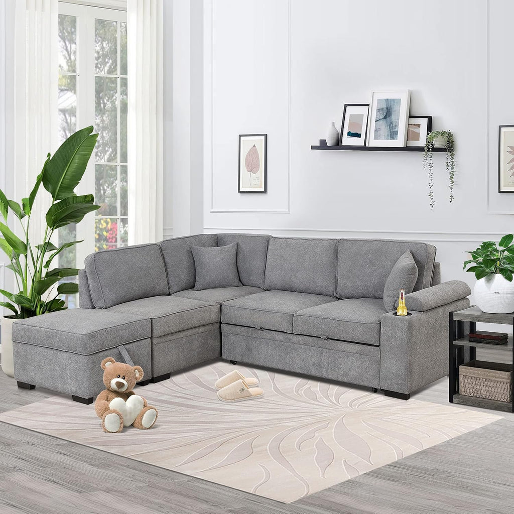 LUMISOL 87' Convertible Sleeper Sofa with Storage Ottoman, Pull Out Sofa Bed with Cup Holders & Charging Stations, L-Shaped Sectional Couch with Chaise for Living Room, Gray