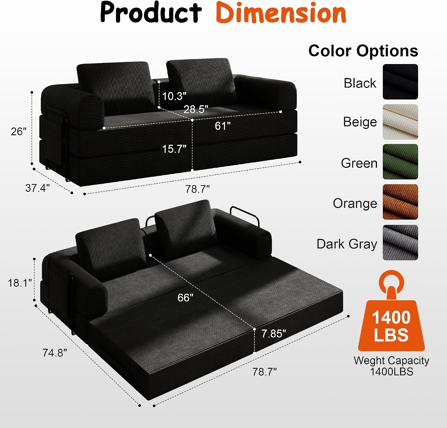 78' Convertible Sofa Bed, 5-in-1 Boneless Sleeper Sofa with with Fixed Frame & Pocket, Corduroy Pull Out Couch with 2 Pillows, Couch Bed for Living Room, Small Spaces, Bedroom, No Assembly