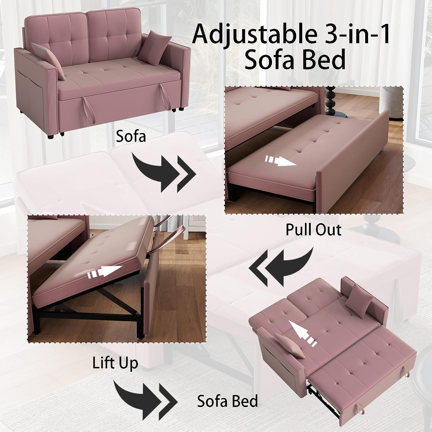 Pink Convertible Sofa Bed: 3 in 1 Sleeper Sofa Couch Bed, Pull Out Couch with Adjustable Backrest, Velvet Convertible Loveseat Sleeper, for Living Room, for Living Room(Pink)