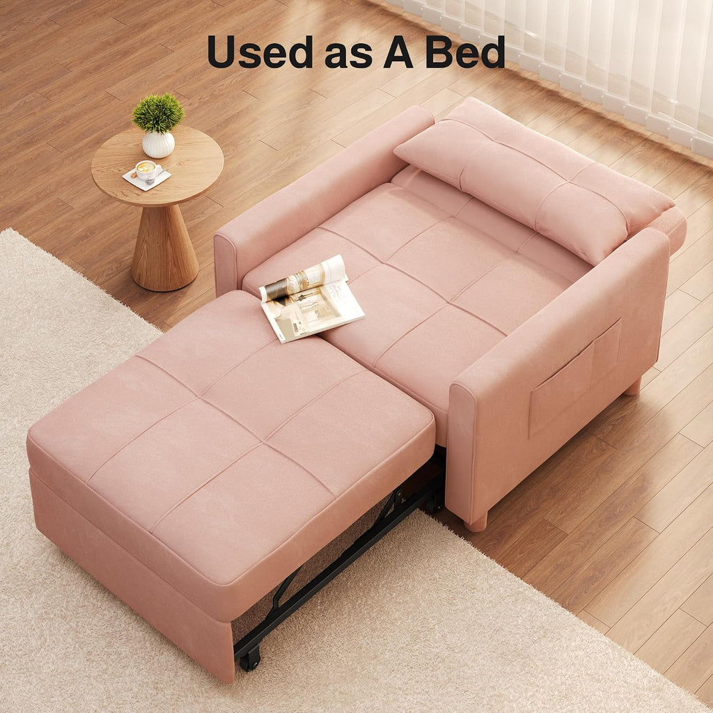 Ahomly Convertible Sleeper Chair Sofa Bed with 3-in-1 Design, Adjustable Backrest, and Storage Pocket for Living Room, Pink